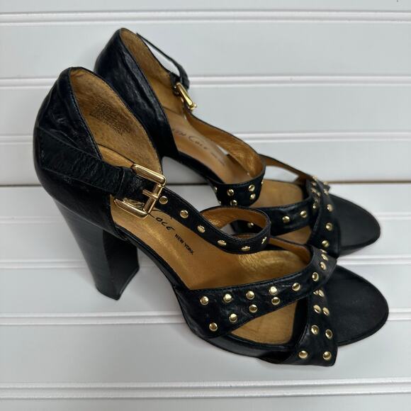 Kenneth Cole NY genuine leather‎ black strappy heels studs buckle gold - Picture 3 of 10